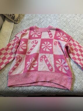 Pink Candy Cane Checkered Holiday Sweater
